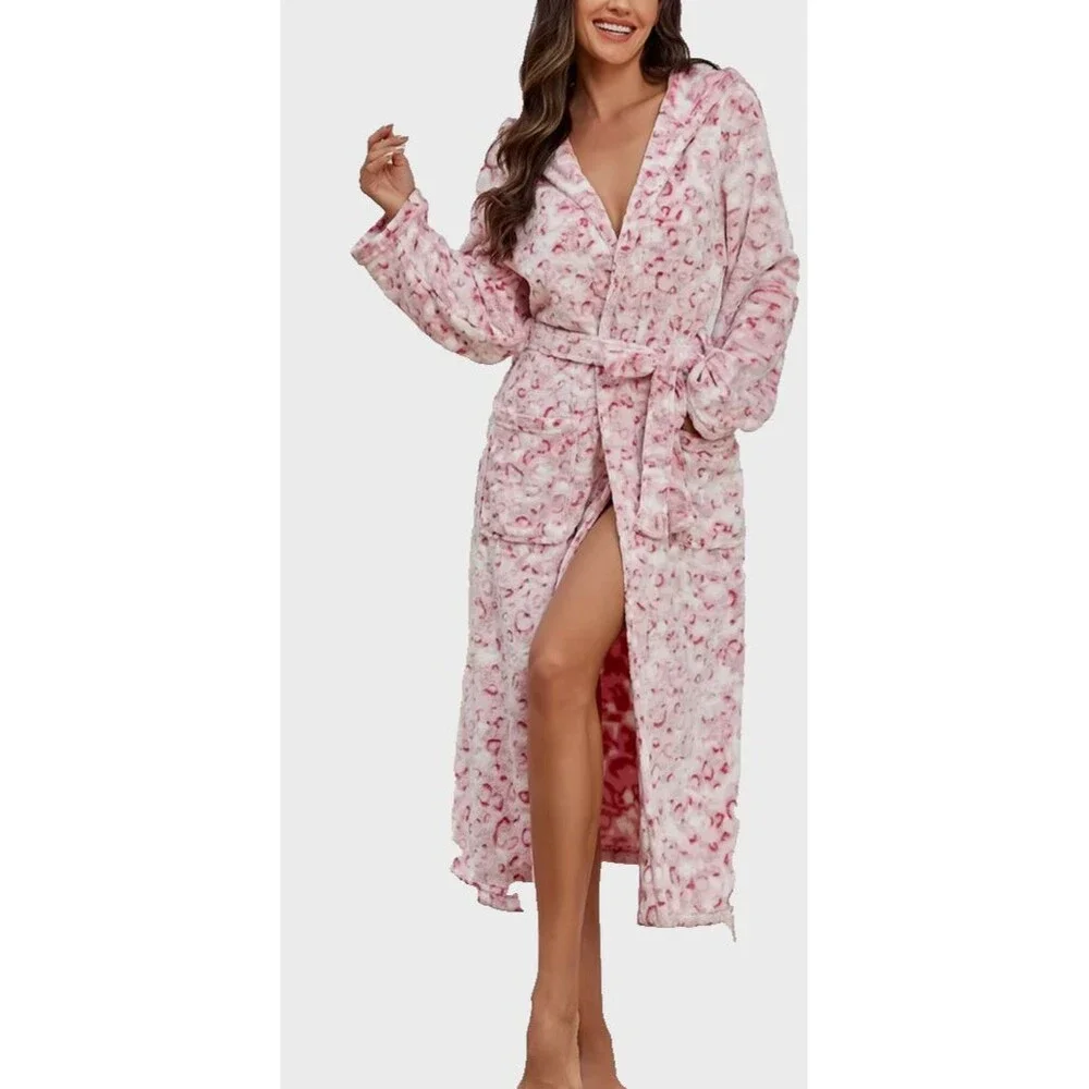 Women 2XL Pink White Print Soft Fleece Long Hooded Wrap Robe Warm Bathrobe Cozy